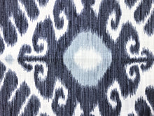 Load image into Gallery viewer, Cotton Ivory Steel Blue Grey Aqua Ethnic Ikat Upholstery Drapery Fabric