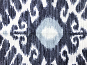 Cotton Ivory Steel Blue Grey Aqua Ethnic Ikat Upholstery Drapery Fabric