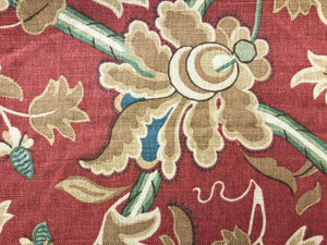 Thibaut Denmark Red & Cream Brown Green Teal Blue Jacobean Floral Linen Cotton Upholstery Drapery Fabric