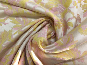 Cream Pastel Pink Yellow Botanical Floral Brocade Cotton Upholstery Drapery Fabric