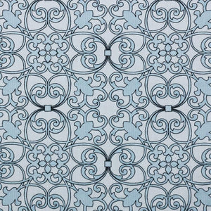 Bienville White Blue Embroidered Drapery Linen Viscose Fabric / Horizon