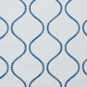 Button Trellis White with Blue Embroidered Drapery Fabric / Mood Indigo