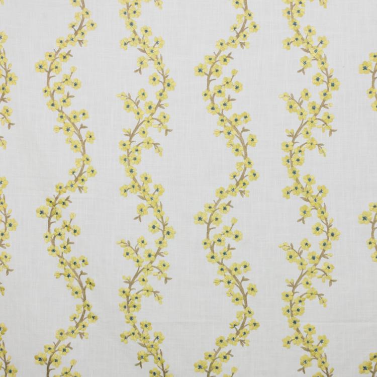 Cherry Blossom Embroidered Linen Viscose Chartreuse Drapery Fabric / Butter