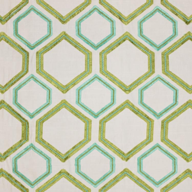 Fringe Benefits Green Cotton Viscose Embroidered Geometric Drapery Fabric / Seaglass