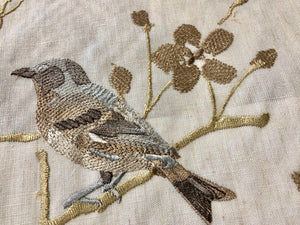 Embroidered Drapery Fabric Bird Floral Tree Beige Gray Ivory / RMIL13