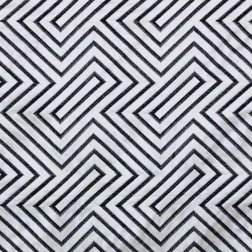 Kabuki Fret White Navy Blue Embroidered Drapery Fabric / Navy