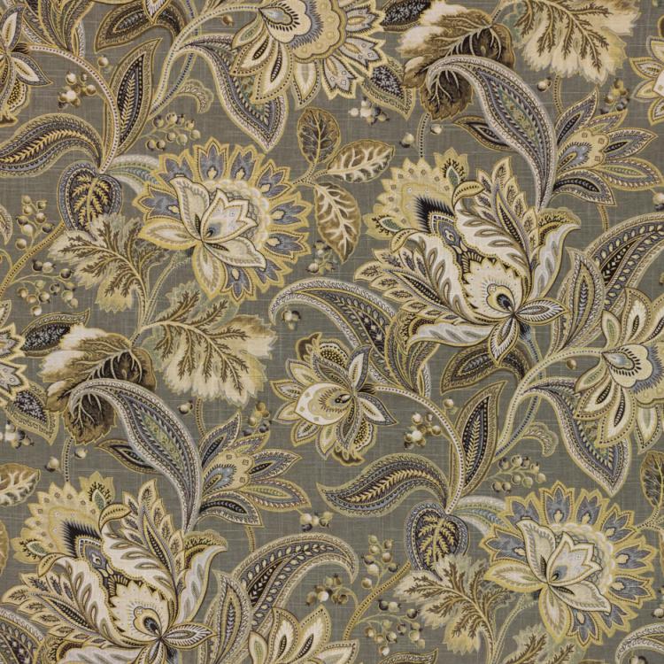 Gray Gold Cream Jacobean Floral Drapery Fabric / Platinum RMIL18