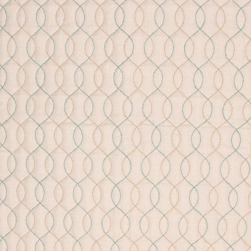 Stitch in Time Beige Embroidered Trellis Drapery Fabric / Aqua Mist