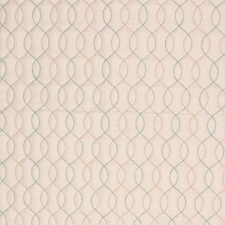 Stitch in Time Beige Embroidered Trellis Drapery Fabric / Aqua Mist