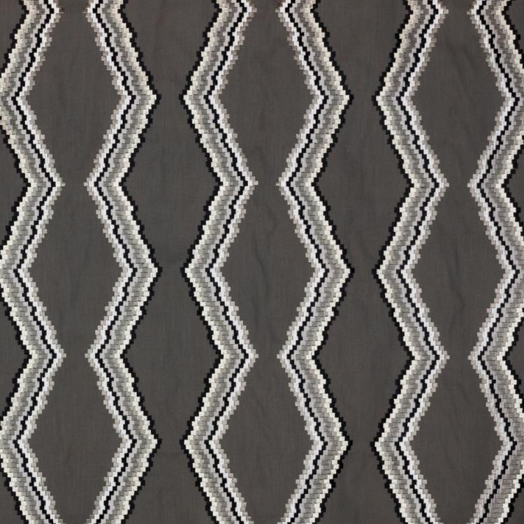 Tiberon Stripe Charcoal Gray White Black Geometric Embroidered Drapery Fabric / Graphite