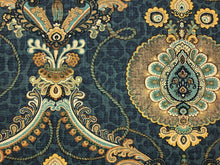 Load image into Gallery viewer, Mill Creek Princely Prussian French Blue Beige Taupe Aqua Yellow Animal Print Cheetah Medallion Cotton Upholstery Drapery Fabric