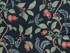 Navy Blue Green Red Floral Botanical Cotton Linen Upholstery Drapery Fabric