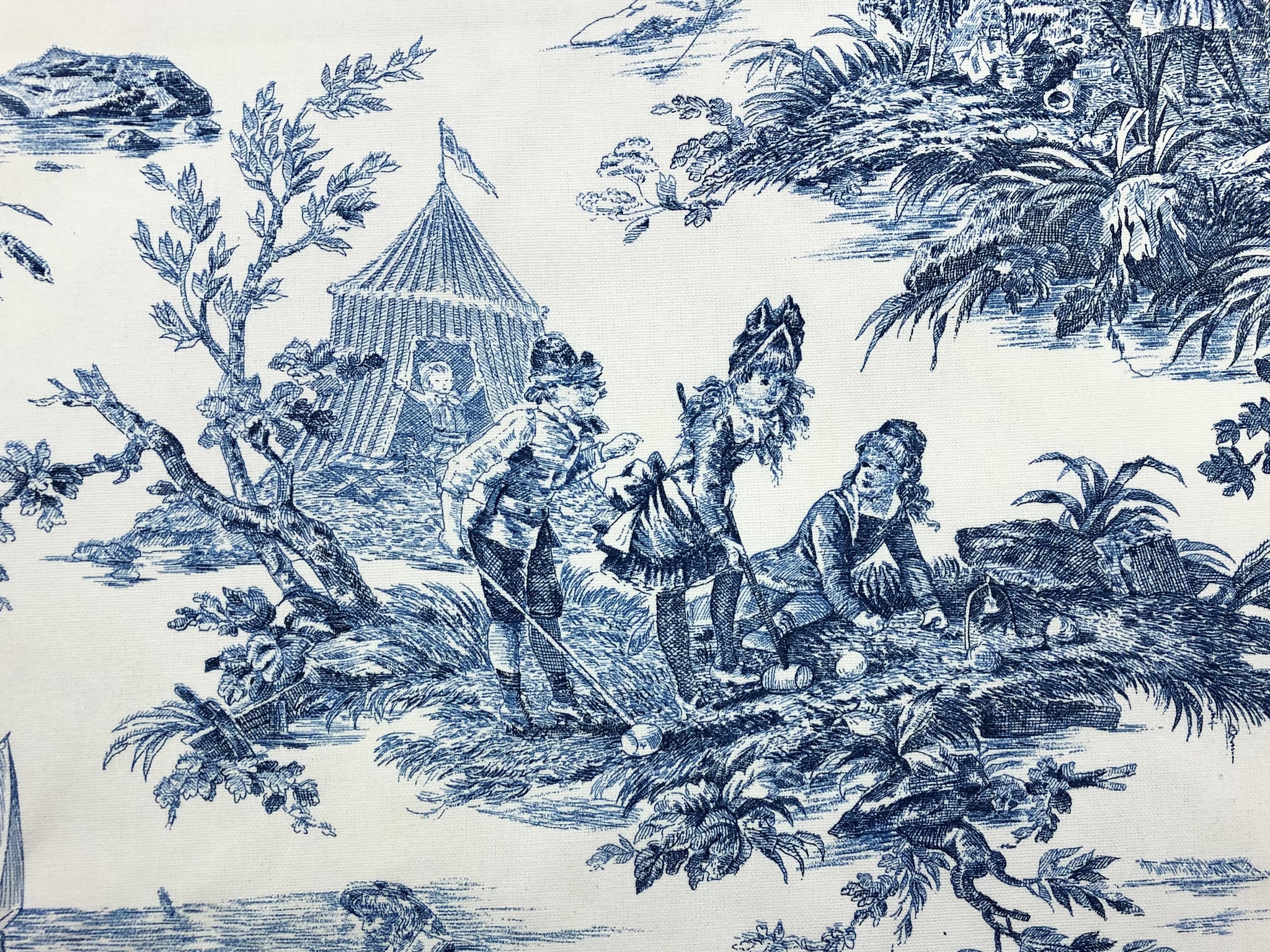French Pastoral Large-scale Tan Blue and White Toile Fabric 108