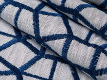 Load image into Gallery viewer, White Navy Blue Geometric Abstract Embroidered Drapery Fabric