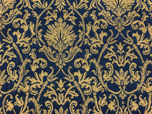 Load image into Gallery viewer, Kravet Stain &amp; Water Resistant Navy Blue Mustard Gold Jacquard Damask Upholstery Drapery Fabric