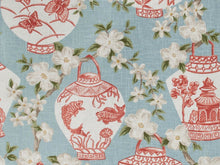 Load image into Gallery viewer, Linen Rayon Coral Aqua Blue Ivory Ginger Jar Floral Chinoiserie Upholstery Drapery Fabric