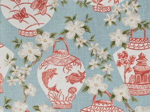 Linen Rayon Coral Aqua Blue Ivory Ginger Jar Floral Chinoiserie Upholstery Drapery Fabric