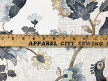Load image into Gallery viewer, Linen Cotton Off White Steel Grey Blue Brown Taupe Jacobean Floral Bird Print Drapery Fabric