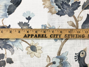 Linen Cotton Off White Steel Grey Blue Brown Taupe Jacobean Floral Bird Print Drapery Fabric