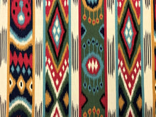 Load image into Gallery viewer, P Kaufmann Jetsetter Fiesta Ikat Green Navy Blue Red Yellow Brown Beige Tribal Ethnic Linen Upholstery Drapery Fabric