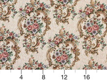 Load image into Gallery viewer, Heavy Duty Victorian Floral Tapestry Coral Blue Emerald Green Mustard Gold Beige Upholstery Fabric
