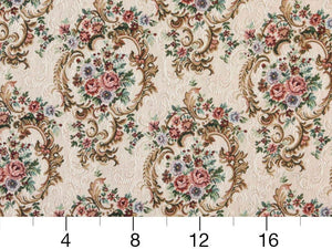 Heavy Duty Victorian Floral Tapestry Coral Blue Emerald Green Mustard Gold Beige Upholstery Fabric