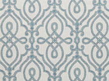 Load image into Gallery viewer, Ivory Teal Blue Grey Trellis Geometric Upholstery Drapery Fabric