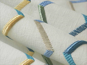 Cream Yellow Blue Green Taupe Embroidered Geometric Drapery Fabric