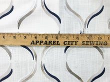 Load image into Gallery viewer, Ivory Taupe Navy Blue Embroidered Geometric Trellis Drapery Fabric