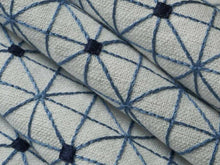 Load image into Gallery viewer, White Navy French Blue Geometric Embroidered Abstract Drapery Fabric