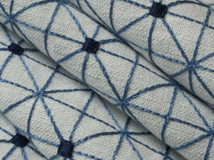 White Navy French Blue Geometric Embroidered Abstract Drapery Fabric