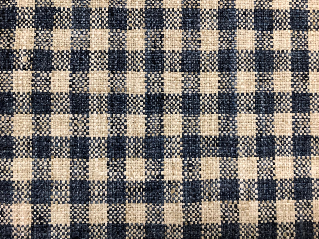 Pindler and Pindler Dodson Lakeland Faux Linen Ecru Neutral Beige Navy Blue Woven Check Plaid Upholstery Drapery Fabric