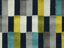 Load image into Gallery viewer, Teal Navy Blue Grey Green Lime Beige Geometric Check Velvet Upholstery Fabric