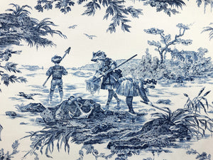 108" Wide Olivier Thevenon French Cotton Ivory Navy Blue Toile Historic D' Eau Victorian Children Print Upholstery Drapery Fabric