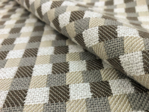 Designer Indoor Outdoor Water & Stain Resistant Small Check Geometric Beige Grey White Taupe Upholstery Drapery Fabric