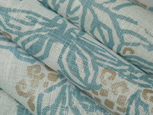 Load image into Gallery viewer, Aqua Blue Beige Floral Medallion Linen Drapery Fabric