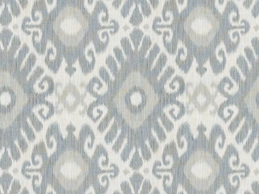 Cotton Ivory Steel Blue Grey Ethnic Ikat Upholstery Drapery Fabric