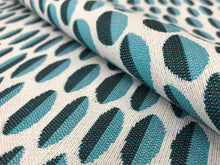 Load image into Gallery viewer, Indoor Outdoor Solution Dyed Acrylic Teal Aqua Blue Off White Geometric Upholstery Drapery Fabric