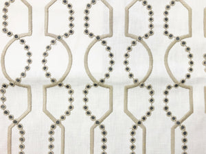 Ivory Beige Grey Embroidered Geometric Trellis Drapery Fabric
