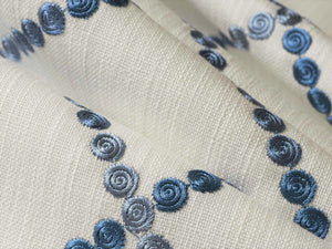 White French Blue Embroidered Geometric Drapery Fabric
