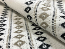 Load image into Gallery viewer, Designer Off White Black Taupe Geometric Embroidered Stripe Drapery Fabric