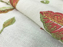 Load image into Gallery viewer, Floral Embroidered Ivory Rusty Red Green Botanical Leaves Pattern Drapery Fabric