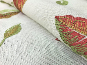 Floral Embroidered Ivory Rusty Red Green Botanical Leaves Pattern Drapery Fabric