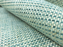 Load image into Gallery viewer, Designer Teal Blue Cream Woven Water &amp; Stain Resistant MCM Mid Century Modern Upholstery Drapery Fabric