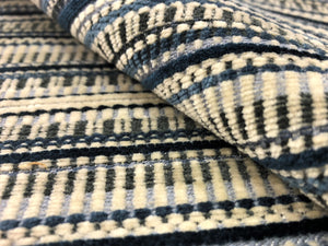 Designer Water & Stain Resistant Navy Blue Gray Black Stripe Small Scale Geometric Chenille Upholstery Fabric