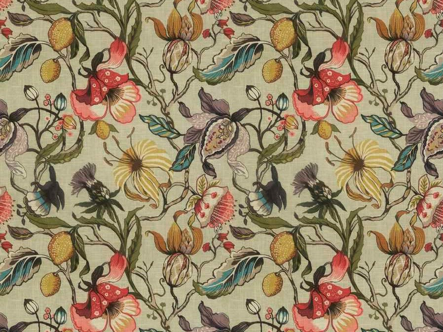 British Made Cotton Linen Beige Taupe Pink Olive Green Teal Blue Jacobean Floral Upholstery Drapery Fabric