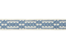 Load image into Gallery viewer, 2.125&quot; Wide Embroidered Blue Ivory Taupe Geometric Drapery Tape Trim