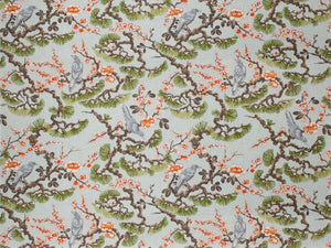 Linen Rayon Chinoiserie Floral Bird Print Aqua Blue Burnt Orange Mustard Brown Upholstery Drapery Fabric