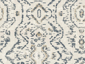 Navy Blue Beige Taupe Abstract Ikat Cotton Linen Upholstery Drapery Fabric