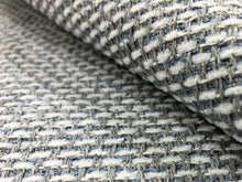 Load image into Gallery viewer, Designer Water &amp; Stain Resistant Aqua Blue White Gray Grey Textured Woven MCM Mid Century Modern Upholstery Fabric